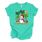 Christmas in July, Christmas Snowman in July, July Christmas Design on premium unisex shirt, 3 color choices, 3x, 4x, plus sizes available