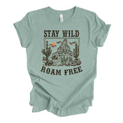 Fun Desert Scene, Stay Wild, Roam Free, Vintage Look Desert Roam design, premium unisex shirt, 3 color choices, 3x Fall, 4x Fall, Plus Sizes