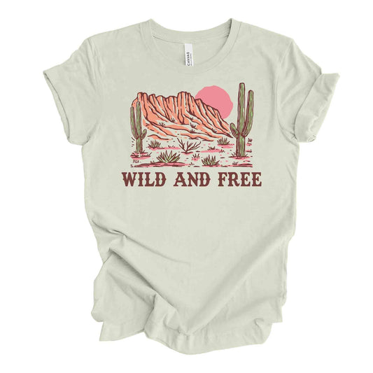 Fun Desert Scene, Wild and Free Desert Mountains, Vintage Look Desert design, premium unisex shirt, 3 color choices, 3x desert. 4x desert