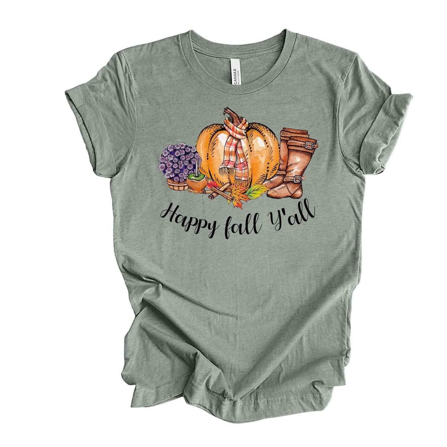 Happy Fall Y'all, Cute Pumpkin with Scarf, Boots and Mums design, premium unisex shirt, 3 color choices, 3x Fall, 4x Fall, Plus Sizes
