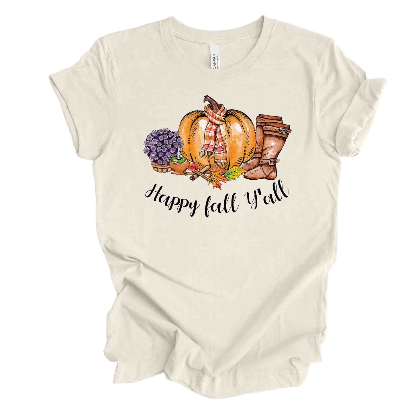 Happy Fall Y'all, Cute Pumpkin with Scarf, Boots and Mums design, premium unisex shirt, 3 color choices, 3x Fall, 4x Fall, Plus Sizes