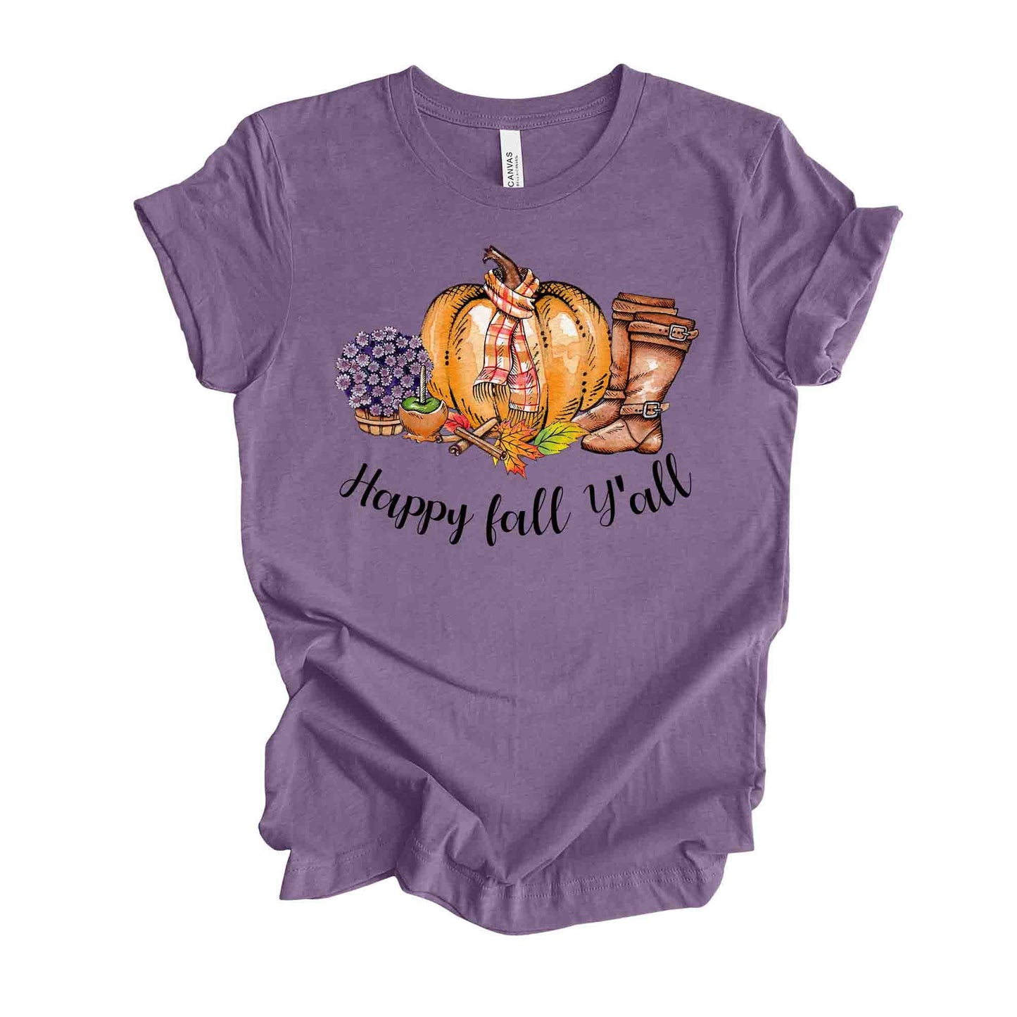Happy Fall Y'all, Cute Pumpkin with Scarf, Boots and Mums design, premium unisex shirt, 3 color choices, 3x Fall, 4x Fall, Plus Sizes