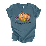 Happy Fall Y'all, Cute Pumpkin with Scarf, Boots and Mums design, premium unisex shirt, 3 color choices, 3x Fall, 4x Fall, Plus Sizes