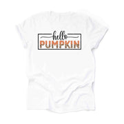Fall Tee, Super Cute Hello Pumpkin, Simple Hello Pumpkin Leopard Letter Design on premium unisex shirt, 3 color choices, 3x fall, 4x fall