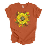 Fall Tee, Pretty Yellow Sunflower with Fall Flowers, Sunflower Design on premium unisex shirt, 3 color choices, 3x fall, 4x fall