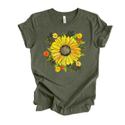 Fall Tee, Pretty Yellow Sunflower with Fall Flowers, Sunflower Design on premium unisex shirt, 3 color choices, 3x fall, 4x fall