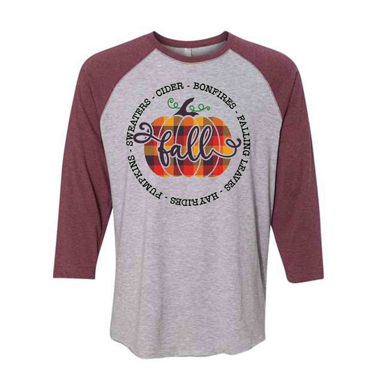 Fall Raglan, Plaid Pumpkin with Fall Words, Fall Pumpkin Design on premium Raglan 3/4 sleeve shirt, plus size, 2X raglan, 3X raglan