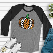 Fall Pumpkin Raglan, Super Fun Buffalo Plaid and Leopard Pumpkin Design on premium Raglan 3/4 sleeve shirt, plus size, 2X, 3X