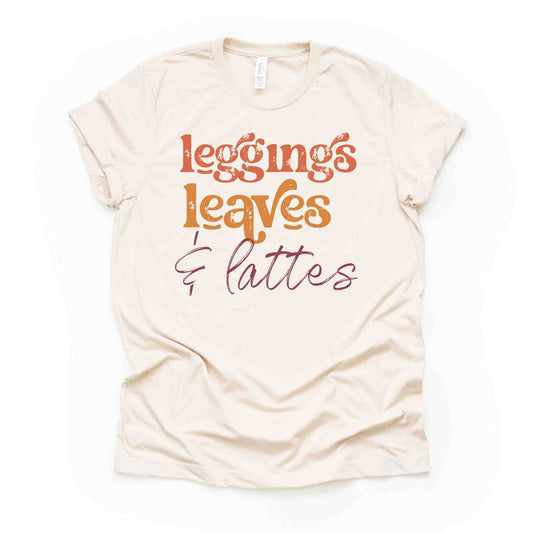 Fall Tee, Cute Fall Tee, Leggings Leavesd and Lattes Design on premium unisex shirt, 3 color choices, 3x fall, 4x fall, plus sizes