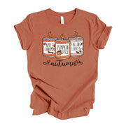 Fall Candles Tee, AUTUMN Candles, Pumpkin, Apple,  Fall Leaves, design on premium unisex shirt, 4 color choices, 3x Fall, 4x Fall
