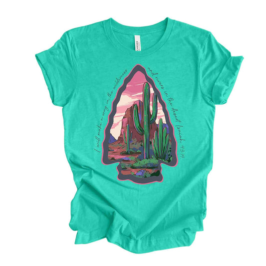 Desert Arrowhead Tee, I Will Make A Way In the Wilderness, Isaiah 43:19 Design, premium unisex shirt, 3 color choices, 3x desert, 4x desert