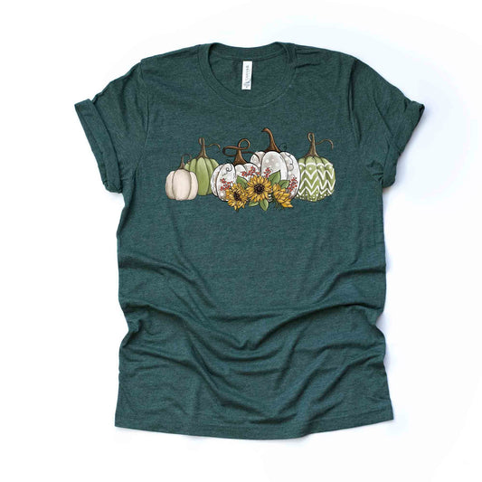 Fall Pumpkins Tee, White & Green Pumpkins with Sunflowers Design on premium unisex shirt, 3 color choices, 3x Fall, 4x Fall, plus sizes