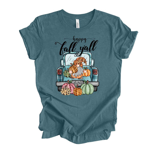 Cute Happy Fall Y'all Gnome in Truck, Old Truck with Pumpkins Design on premium unisex shirt, 3 color choices, 3x Fall, 4x Fall, plus sizes