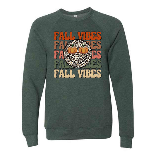 Fall Vibes with Leopard Smiley Face Sweatshirt, Pumpkins Design, Unisex Sponge Fleece Drop Shoulder Crewneck Bella + Canvas, Fall Sweatshirt