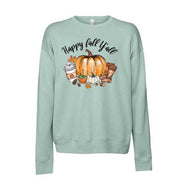 Happy Fall Y'all, Cute Pumpkin, Boots and Coffee Design, Unisex Sponge Fleece Drop Shoulder Crewneck Bella + Canvas, Fall Sweatshirt