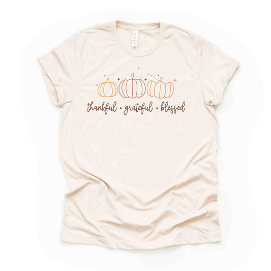Fall Tee, Thankful, Grateful, Blessed, Simple Pumpkins Blessed design, premium unisex shirt, 3 color choices, 3x Fall, 4x Fall, Plus Sizes