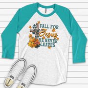 Fall Raglan, Fall For Jesus He Never Leaves, Christian Fall Leaves and Cross Design on premium Raglan 3/4 sleeve shirt, plus size, 2X, 3X