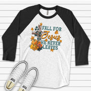 Fall Raglan, Fall For Jesus He Never Leaves, Christian Fall Leaves and Cross Design on premium Raglan 3/4 sleeve shirt, plus size, 2X, 3X