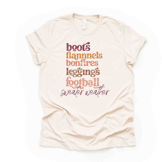 Fall List, Boots, Flannels, Bonfires, Leggings, Football, Sweater Weather design, premium unisex shirt, 3 color choices, 3x Fall, 4x Fall