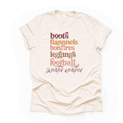 Fall List, Boots, Flannels, Bonfires, Leggings, Football, Sweater Weather design, premium unisex shirt, 3 color choices, 3x Fall, 4x Fall
