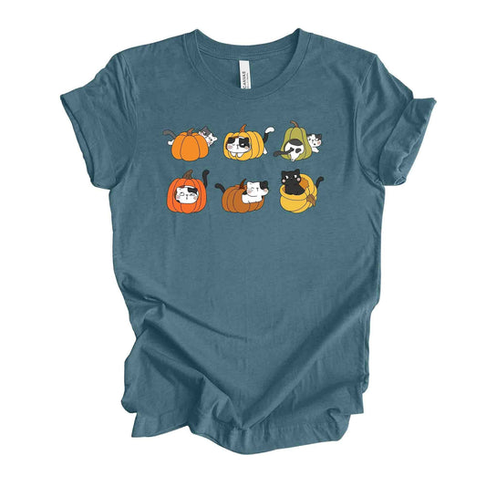 Cat Fall Tee, Super Cute Cats in Pumpkins, Autumn Cats design, premium unisex shirt, 3 color choices, 3x Fall Cats, 4x Fall Cats