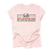 Fall Tee, Super Cute Hello Pumpkin, Simple Hello Pumpkin Leopard Letter Design on premium unisex shirt, 3 color choices, 3x fall, 4x fall