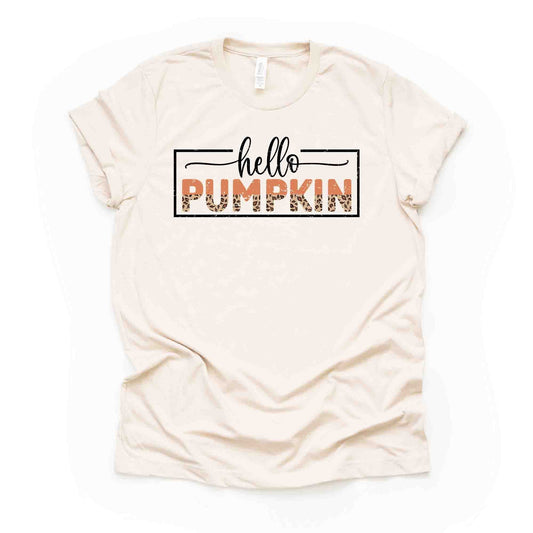 Fall Tee, Super Cute Hello Pumpkin, Simple Hello Pumpkin Leopard Letter Design on premium unisex shirt, 3 color choices, 3x fall, 4x fall