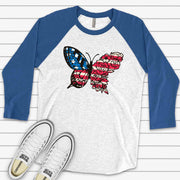 Patriotic Raglan, Patriotic Butterfly, Red White Blue Butterfly Design, premium Raglan 3/4 sleeve shirt, plus size, 2x raglan, 3x raglan