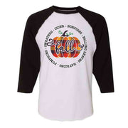Fall Raglan, Plaid Pumpkin with Fall Words, Fall Pumpkin Design on premium Raglan 3/4 sleeve shirt, plus size, 2X raglan, 3X raglan