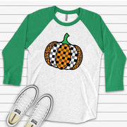 Fall Pumpkin Raglan, Super Fun Buffalo Plaid and Leopard Pumpkin Design on premium Raglan 3/4 sleeve shirt, plus size, 2X, 3X
