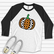 Fall Pumpkin Raglan, Super Fun Buffalo Plaid and Leopard Pumpkin Design on premium Raglan 3/4 sleeve shirt, plus size, 2X, 3X