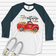 Fall Pumpkin Raglan, Red Farm Truck, Autumn Is Calling Fall Truck with Pumpkins Design on premium Raglan 3/4 sleeve shirt, plus size, 2X, 3X