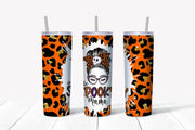 20 oz Skinny Tumbler, Super Cute Spooky Mama with Messy Bun, Halloween Mama, Messy Bun Leopard Skinny, 20 oz Stainless Steel Tumbler