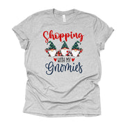Christmas Gnomes, Shopping with my Gnomies, Christmas Shopping Design on premium unisex shirt, 3 color choices, 3x Gnomies, 4x Gnomies