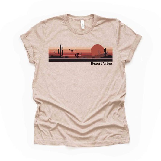 Desert Vibes Tee, Fun Cactus and Moon Desert Vibes, Boho Desert Scene Design on premium unisex shirt, 3 color choices, 3x Desert, 4x Desert