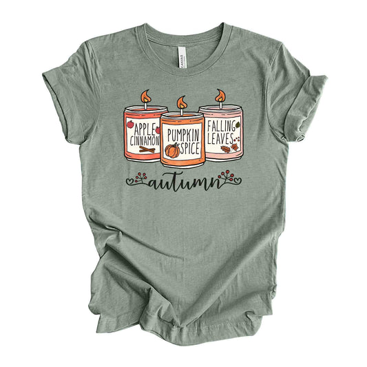 Fall Candles Tee, AUTUMN Candles, Pumpkin, Apple,  Fall Leaves, design on premium unisex shirt, 4 color choices, 3x Fall, 4x Fall