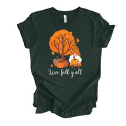 Fall Gnome Tee, Love Fall Y'all with Fall Tree and Gnomes design, premium unisex shirt, 3 color choices, 3x Fall, 4x Fall, Plus Sizes