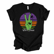 Fun Retro Halloween Sunset with Witch Please, Witch Peace Sign design, premium unisex shirt, 3 color choices, 3x Fall, 4x Fall, Plus Sizes
