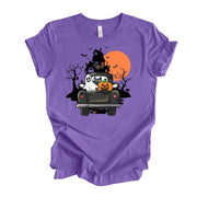 Halloween Tee, Spooky Halloween Truck with Ghosts and Pumpkins premium unisex shirt, 3 color choices, 3x Halloween, 4x Halloween, Plus Size