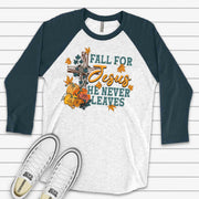 Fall Raglan, Fall For Jesus He Never Leaves, Christian Fall Leaves and Cross Design on premium Raglan 3/4 sleeve shirt, plus size, 2X, 3X