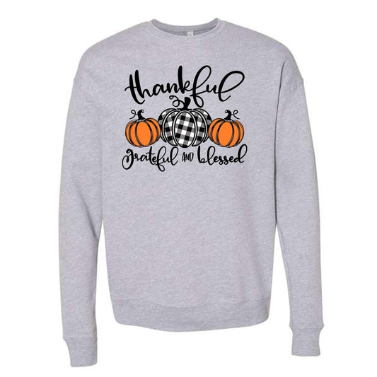 Thankful, Grateful, Blessed with Buffalo Plaid Pumpkins Design, Unisex Sponge Fleece Drop Shoulder Crewneck Bella + Canvas, Fall Sweatshirt