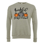 Thankful, Grateful, Blessed with Buffalo Plaid Pumpkins Design, Unisex Sponge Fleece Drop Shoulder Crewneck Bella + Canvas, Fall Sweatshirt
