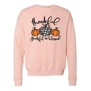 Thankful, Grateful, Blessed with Buffalo Plaid Pumpkins Design, Unisex Sponge Fleece Drop Shoulder Crewneck Bella + Canvas, Fall Sweatshirt
