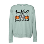 Thankful, Grateful, Blessed with Buffalo Plaid Pumpkins Design, Unisex Sponge Fleece Drop Shoulder Crewneck Bella + Canvas, Fall Sweatshirt