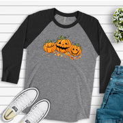 Fall Raglan, Super Cute Smiling Pumpkins, Trio of Cute Pumpkins Design on premium Raglan 3/4 sleeve shirt, plus size, 2X, 3X
