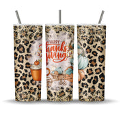 20 oz Skinny Tumbler, Pretty Leopard Print and Pumpkins Tumbler, Happy Thanksgiving Tumbler,  20 oz Stainless Steel Tumbler