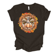 Thanksgiving Tee, Give Thanks With A Grateful Heart, Turkey and Pumpkin Design on premium unisex shirt, 4 color choices, 3x fall, 4x fall
