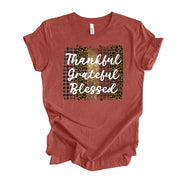 Thanksgiving Tee, Thankful Grateful Blessed in Plaid & Leopard Print Design on premium unisex shirt, 4 color choices, 3x fall, 4x fall