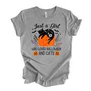 Halloween Tee, Just A Girl Who Loves Halloween and Cats premium unisex shirt, 3 color choices, 3x Halloween, 4x Halloween, Plus Size