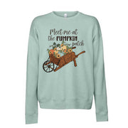 Fall Sweatshirt, Meet At The Pumpkin Patch Wheelbarrow Design, Unisex Sponge Fleece Drop Shoulder Crewneck Bella + Canvas, Fall Sweatshirt